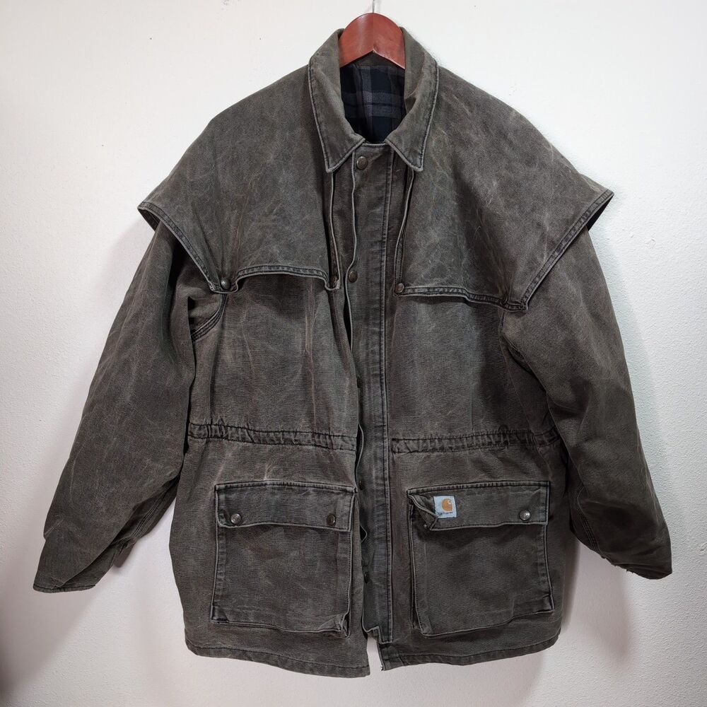Vintage Carhartt Canvas Chore Coat Plaid Lined Brown Workwear‎ Duster Jacket 90s